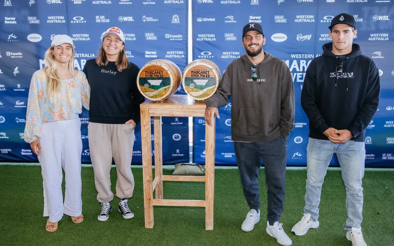 MARGARET RIVER Pro, WESTERN AUSTRALIA, AUSTRALIA - APRIL 23: (L to R) Bronte Macaulay of Australia, Carissa Moore of Hawaii Filipe Toledo of Brazil, Jack Robinson of Australia at the Press Conference of the Margaret River Pro on April 23, 2022 at Margaret River, Western Australia, Australia. (Photo by Matt Dunbar/World Surf League)